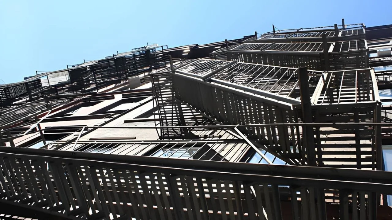Fire Escape Painting New Jersey – wide-angle view of extensive steel fire escape network for full restoration