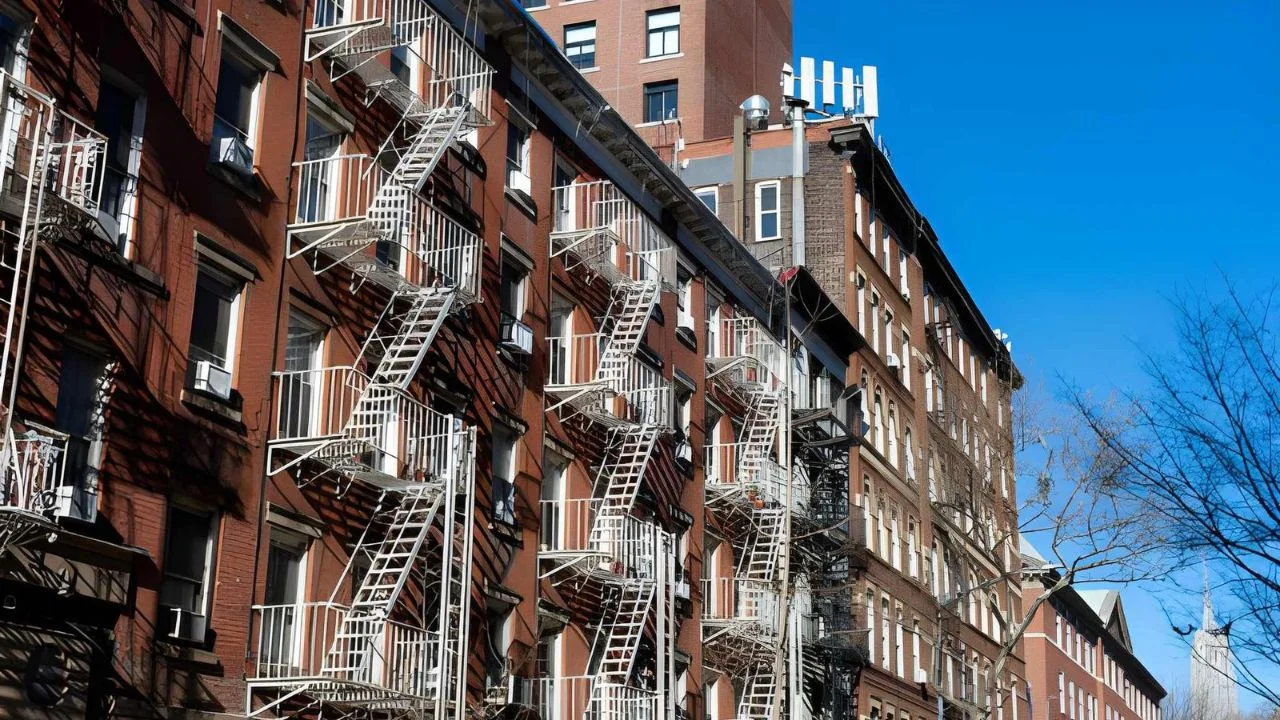 Fire Escape Painting New Jersey – newly refurbished white steel fire escapes on brick apartment row