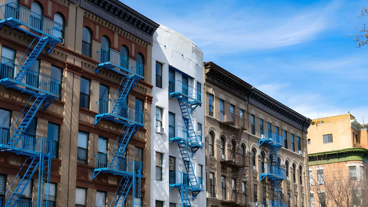 Fire Escape Painting New Jersey – bright blue painted steel fire escapes on apartment buildings in Jersey City